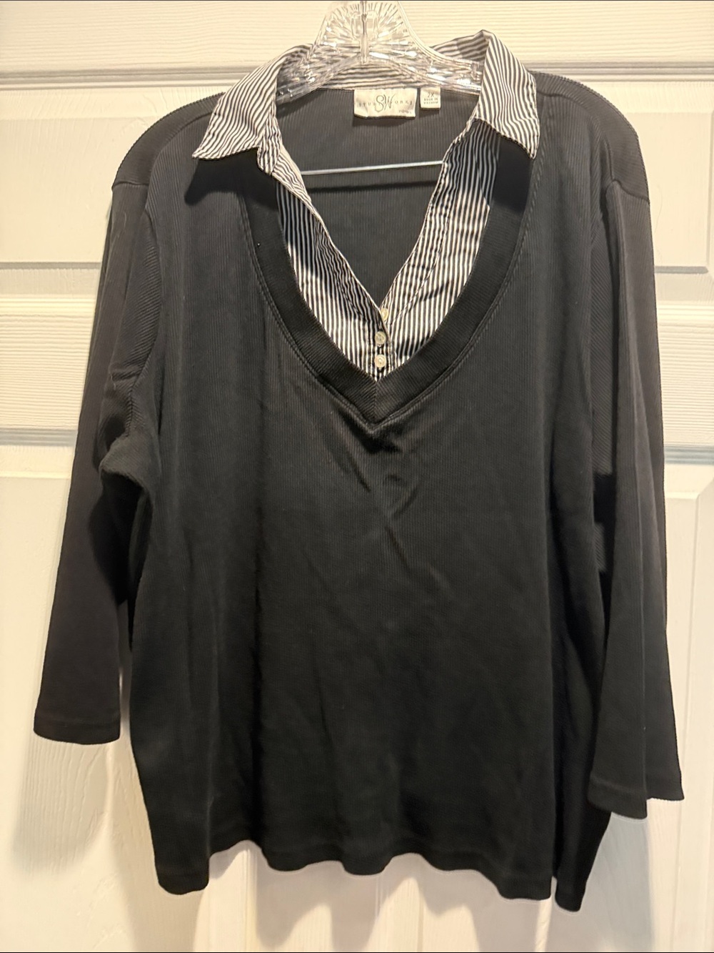 Studio Works Black V-Neck Tunic with Striped Faux-Collar